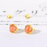 S925 Silver Stud Earring Natural Sunstone 14K Plated Fine Jewelry