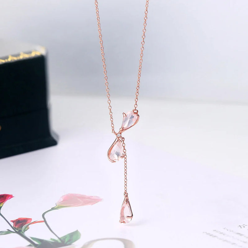 Sakura Petal Pendant Necklace Quartz 925 Sterling Silver 18K Rose Plated