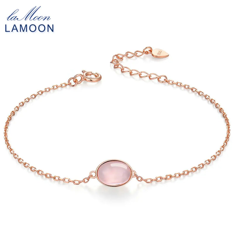 Natural Oval Pink Rose Quartz 925 Silver Charm Bracelet