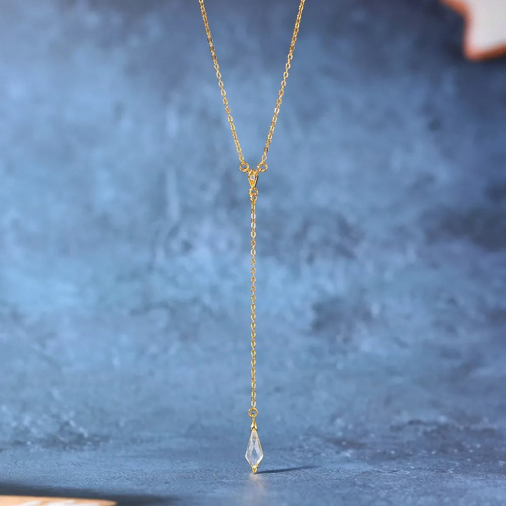 Vintage Clear Crystal Pendant Long Necklace 925 Sterling Silver 14k Plated