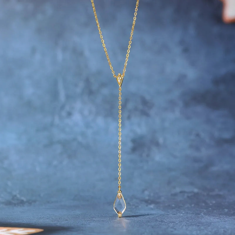 Vintage Clear Crystal Pendant Long Necklace 925 Sterling Silver 14k Plated