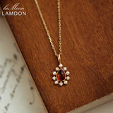 LAMOON Amber Pearl Necklace 925 Silver Pendant Vintage Chain