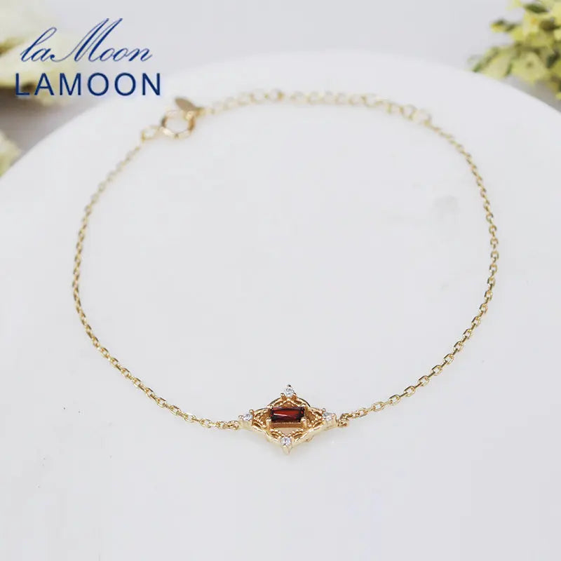 LAMOON Red Garnet Bracelet S925 Vintage 925 Sterling Silver Jewelry