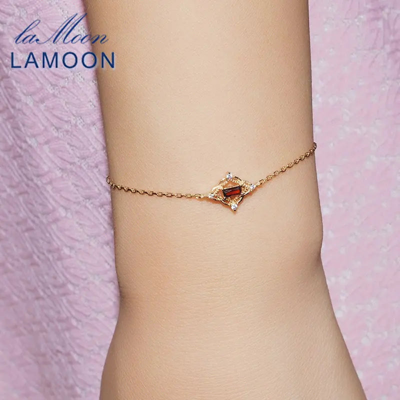 LAMOON Red Garnet Bracelet S925 Vintage 925 Sterling Silver Jewelry