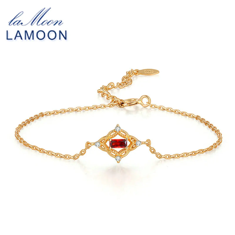 LAMOON Red Garnet Bracelet S925 Vintage 925 Sterling Silver Jewelry