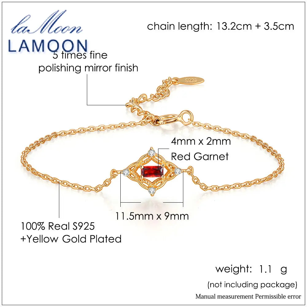 LAMOON Red Garnet Bracelet S925 Vintage 925 Sterling Silver Jewelry