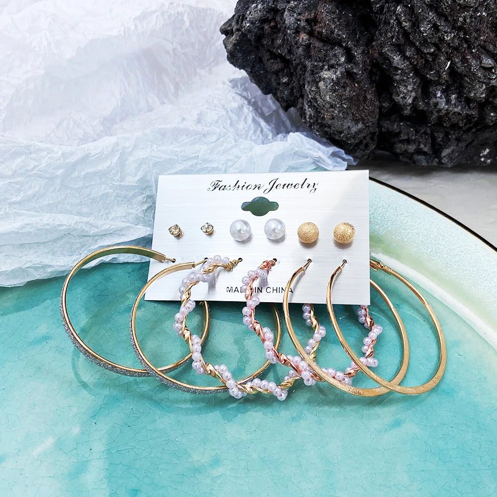 6-Piece Vintage Hoop & Pearl Earrings Set for Women