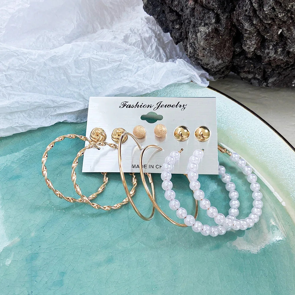 6-Piece Vintage Hoop & Pearl Earrings Set for Women