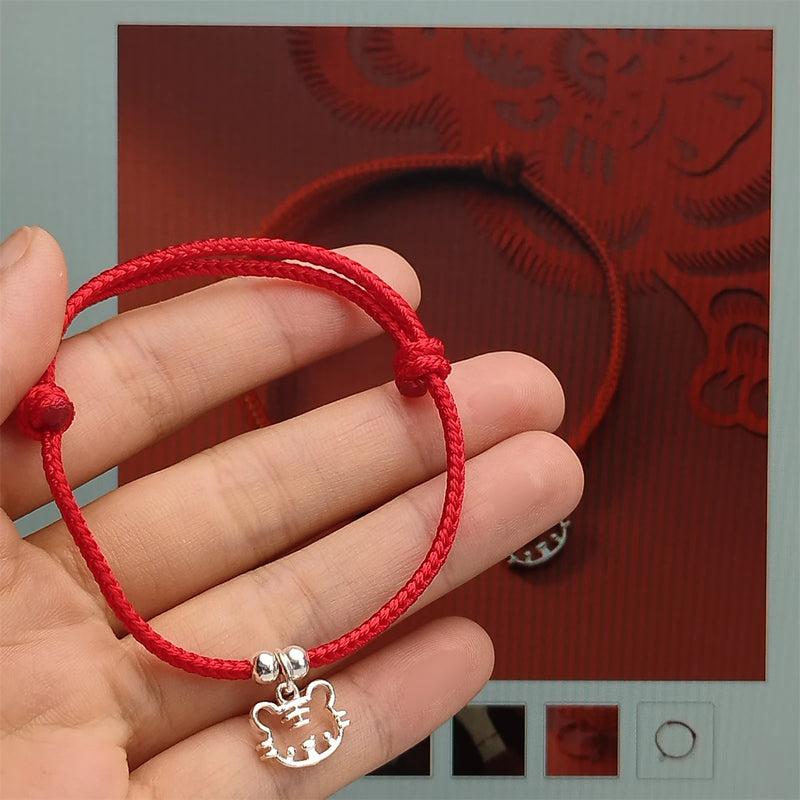 925 Sterling Silver Tiger Red Rope Zodiac Bracelet