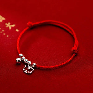 925 Silver Zodiac Tiger Bead Bracelet Bell Red Rope Adjustable Jewelry