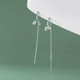925 Sterling Silver Leaf Ear Line Small Women Long Chain Thin Earring