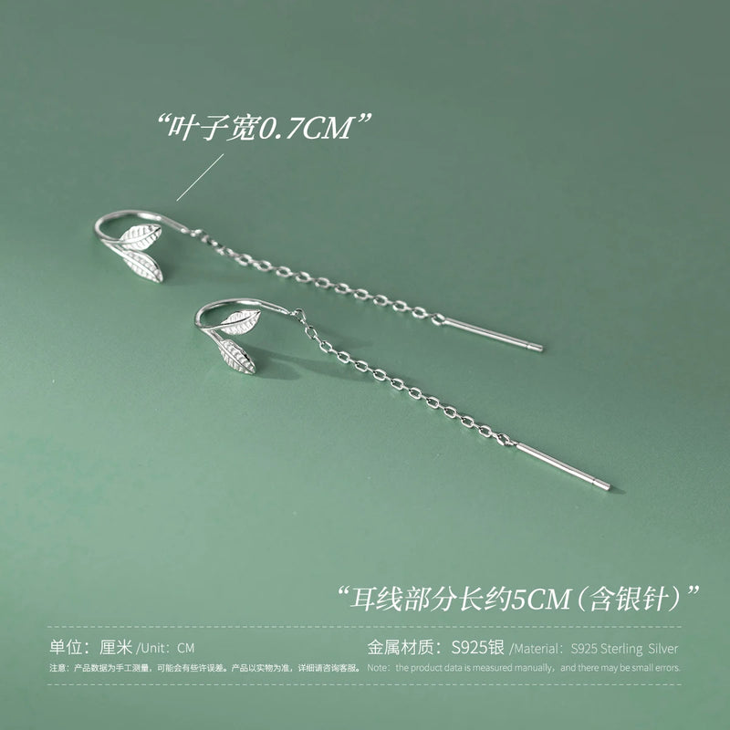 925 Sterling Silver Leaf Ear Line Small Women Long Chain Thin Earring