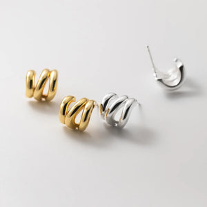 925 Silver Earrings Irregular Three Layers Arc Geometric Semicircle Line Ear