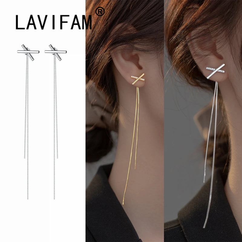 925 Silver X-Shaped Zircon Tassel Earrings