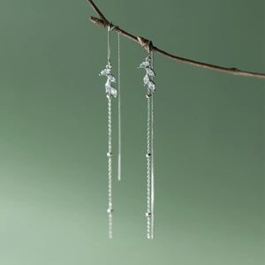 925 Silver Tassel Ear Line Earrings Leaf Zircon Jewelry Trending
