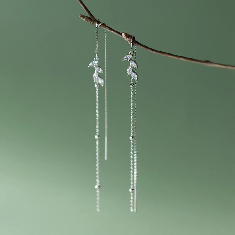 925 Silver Tassel Ear Line Earrings Leaf Zircon Jewelry Trending