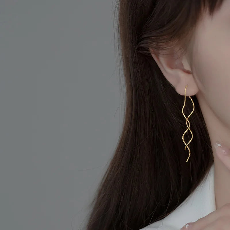 925 Silver Long Ear Line Wave Box Chain Earrings for Women