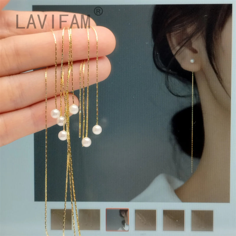 925 Silver Small Pearl Tassel Ear Line Retro Chain Earrings
