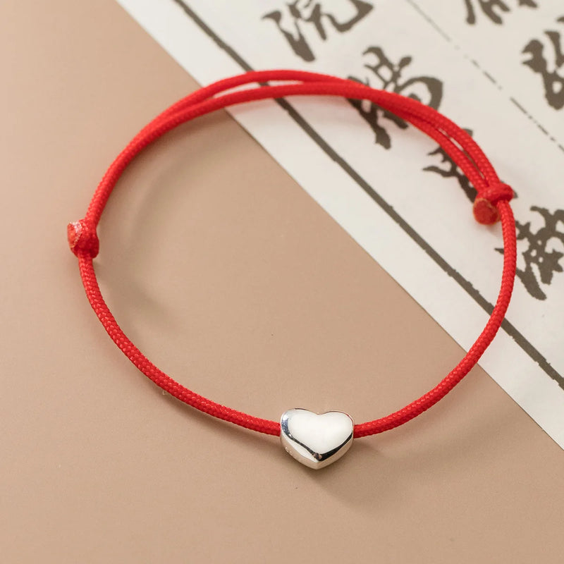 925 Silver Love Red Rope Bracelet Small Heart Hand Jewelry