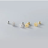 925 Silver Zircon Flower Screw Bead Earrings - Women Jewelry