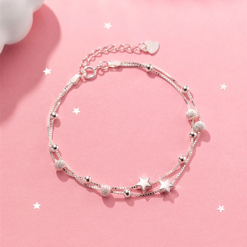 925 Silver Double Chain Round Balls Star Bracelet Women Daily Charm