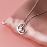 925 Sterling Silver Clear CZ Zircon Moon Rabbit Choker Necklace