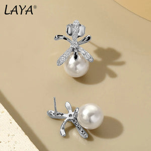 LAYA Zircon Shell Pearl Stud Earrings - 925 Sterling Silver