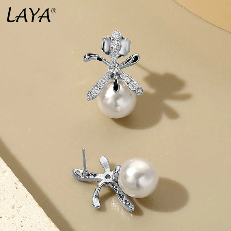 LAYA Zircon Shell Pearl Stud Earrings - 925 Sterling Silver