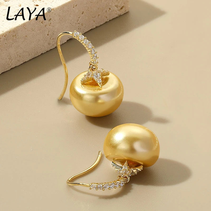 LAYA 925 Silver Zircon Yellow Shell Pearl Drop Earrings Wedding Jewelry