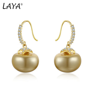 LAYA 925 Silver Zircon Yellow Shell Pearl Drop Earrings Wedding Jewelry