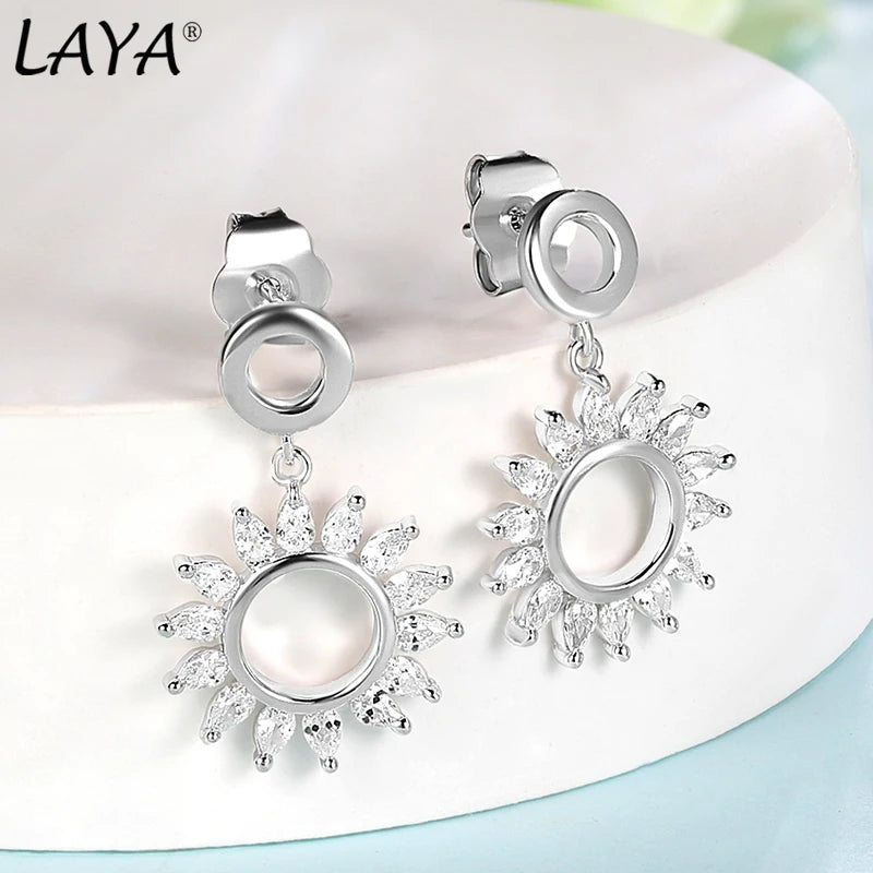 LAYA 925 Silver Circle Zircon Drop Earring Shiny Modern Jewelry