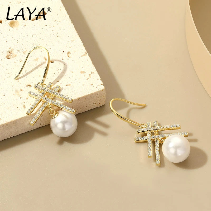 LAYA 925 Silver Long Pearl Zircon Dangle Earrings Wedding Graceful Accessory