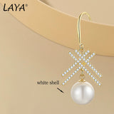 LAYA 925 Silver Long Pearl Zircon Dangle Earrings Wedding Graceful Accessory