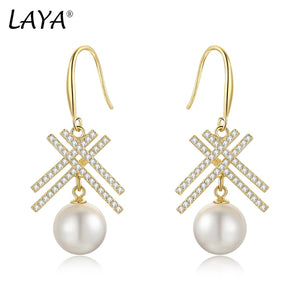 LAYA 925 Silver Long Pearl Zircon Dangle Earrings Wedding Graceful Accessory