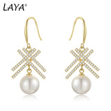 LAYA 925 Silver Long Pearl Zircon Dangle Earrings Wedding Graceful Accessory