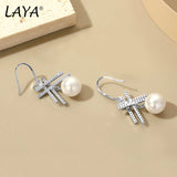 LAYA 925 Silver Long Pearl Zircon Dangle Earrings Wedding Graceful Accessory