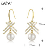LAYA 925 Silver Long Pearl Zircon Dangle Earrings Wedding Graceful Accessory