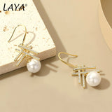 LAYA 925 Silver Long Pearl Zircon Dangle Earrings Wedding Graceful Accessory