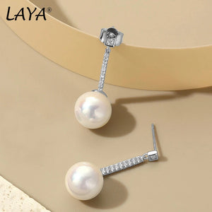 LAYA 925 Sterling Silver Shell Pearl Sparkling Zircon Stud Earrings For Women