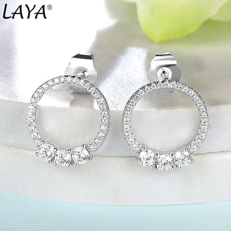 LAYA 925 Silver Circle Zircon Stud Earrings Women Modern Jewelry