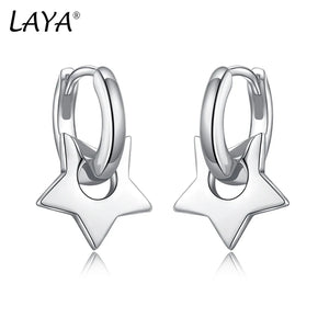 LAYA 925 Sterling Silver Star Shaped Plain Silver Drop Earrings