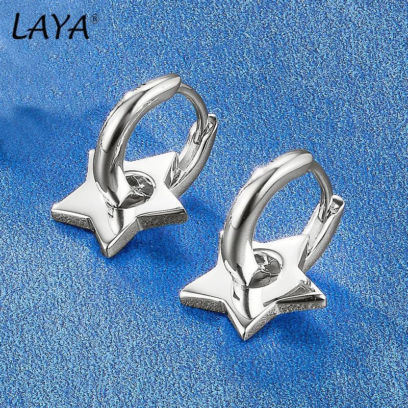 LAYA 925 Sterling Silver Star Shaped Plain Silver Drop Earrings