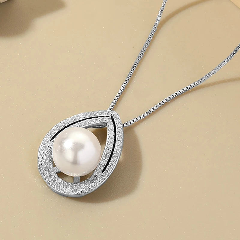 LAYA Zircon Pearl Pendant Necklace 925 Sterling Silver Women Charming Jewelry