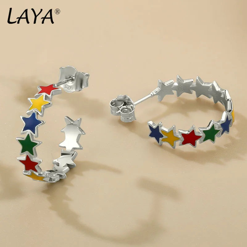 LAYA Star Shaped Enamel Hoop Earrings 925 Sterling Silver