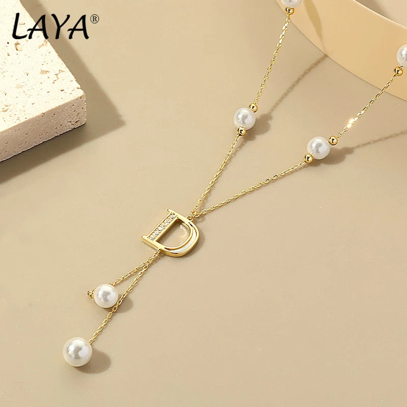 LAYA Pearl Pendant Necklace Y Shaped Zircon 925 Sterling Silver Jewelry