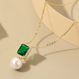 LAYA Pendant Necklace Shell Pearl Green Zircon Wedding 925 Sterling Silver