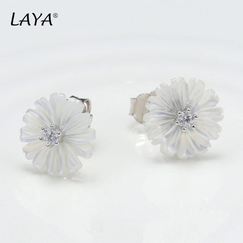 LAYA Shell Flower Zircon Earrings, 925 Silver Wedding