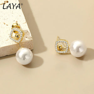 LAYA 925 Sterling Silver Shell Pearl Drop Earrings Vintage Style Fine Jewelry