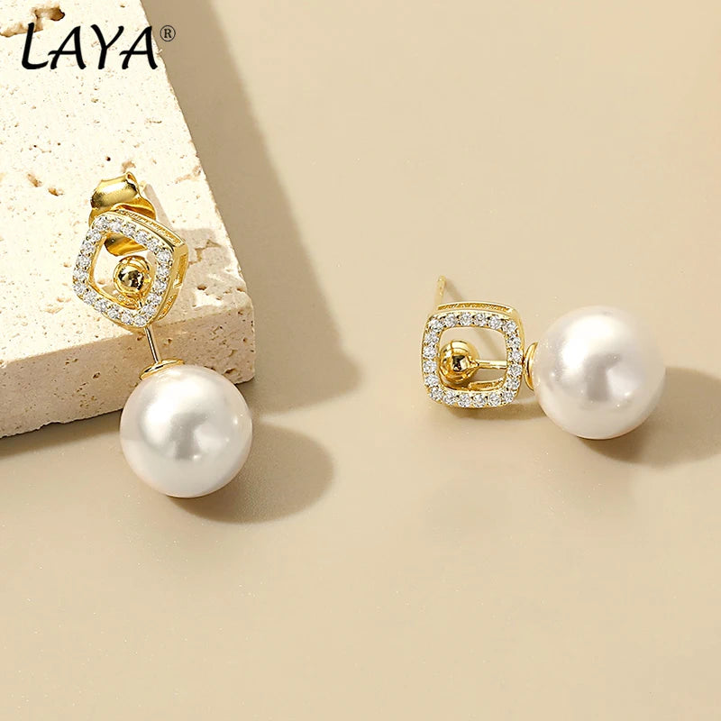 LAYA 925 Sterling Silver Shell Pearl Drop Earrings Vintage Style Fine Jewelry