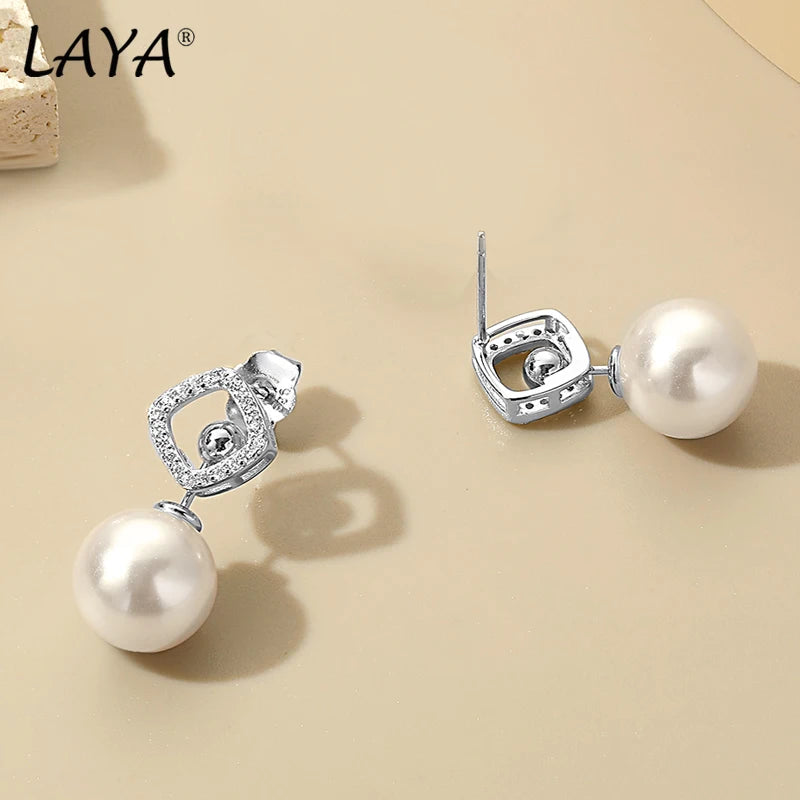LAYA 925 Sterling Silver Shell Pearl Drop Earrings Vintage Style Fine Jewelry